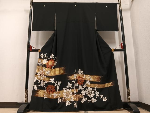 平和屋着物●豪華黒留袖 駒刺繍 草花文 金彩 正絹 逸品 AABM2563ph