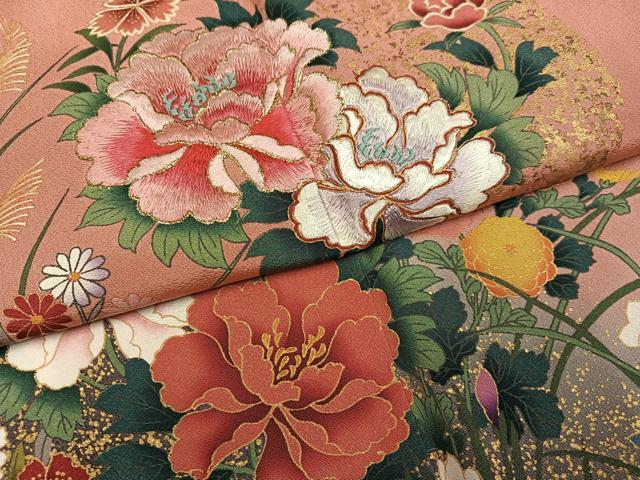 平和屋着物●豪華振袖 刺繍 草花文 暈し染め 金彩 正絹 逸品 AABM2595ph