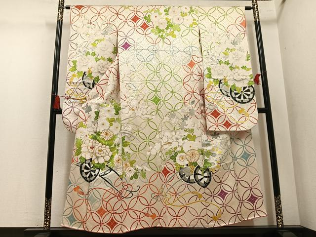 平和屋着物●豪華振袖 駒刺繍 七宝花車文 金糸 正絹 逸品 AABM2608ph