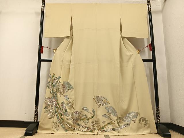 平和屋着物●色留訪問着 御所車扇面飛鶴草花文 金銀彩 さが美扱い 正絹 逸品 AABM2671ph