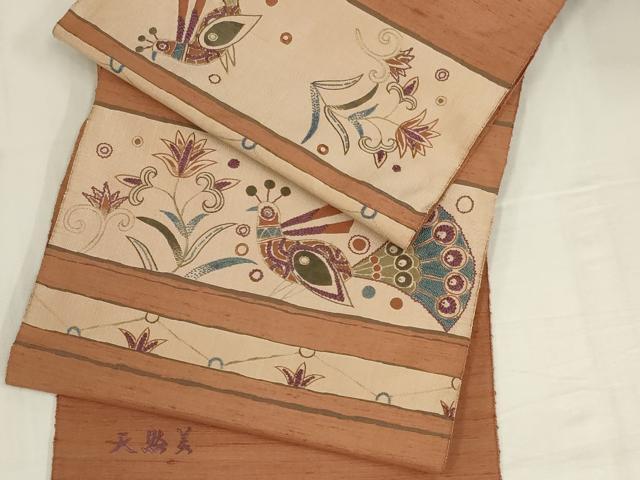 平和屋着物▼中国三大刺繍 相良刺繍 太鼓柄袋帯 天然美 花鳥文 正絹 逸品 AABM2684ou