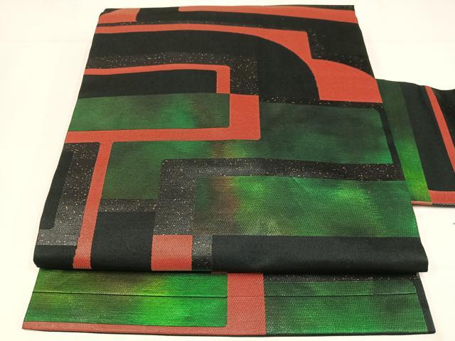 平和屋着物◎九寸名古屋帯 幾何学文 黒地 引箔 正絹 逸品 AABM2722bw