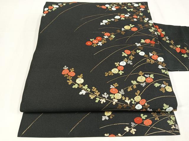 平和屋着物◎九寸名古屋帯 唐織 光琳菊 黒地 金糸 正絹 逸品 AABM2738bw