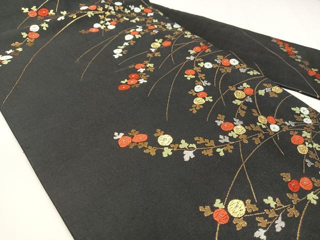 平和屋着物◎九寸名古屋帯 唐織 光琳菊 黒地 金糸 正絹 逸品 AABM2738bw