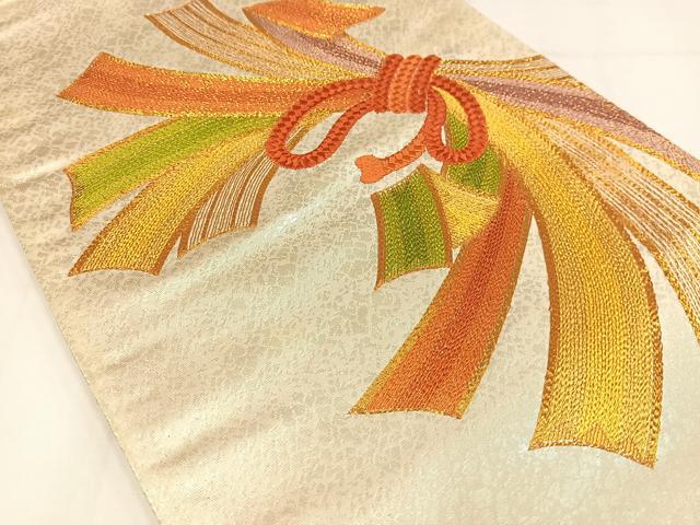平和屋着物◎太鼓柄袋帯 駒刺繍 束ね熨斗文 正絹 逸品 AABM2747bw