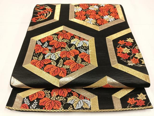 平和屋着物◎六通柄袋帯 唐織 亀甲花文 黒地 金銀糸 正絹 逸品 AABM2751bw