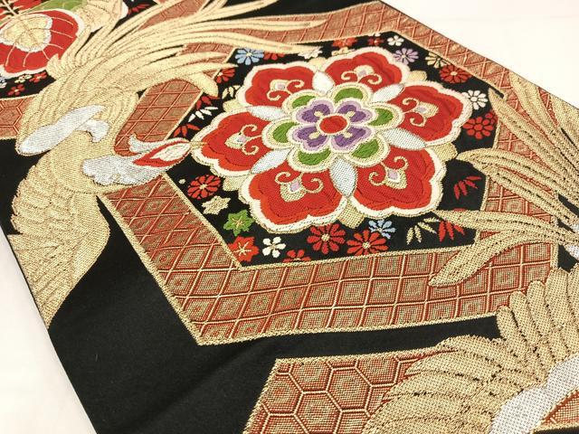 平和屋着物◎六通柄袋帯 唐織 鳳凰花文 黒地 金銀糸 正絹 逸品 AABM2755bw