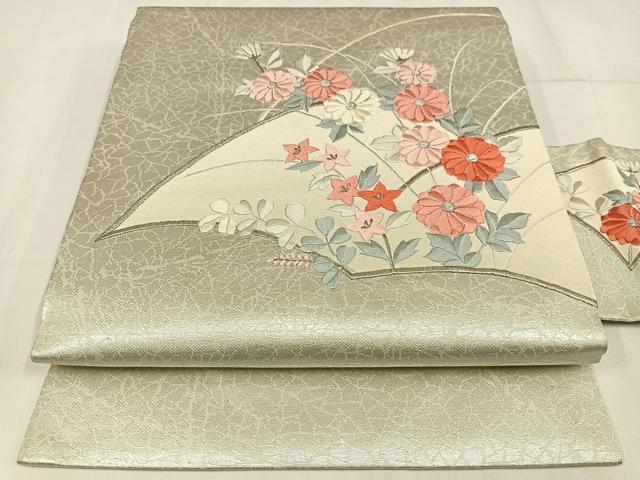 平和屋着物◎九寸名古屋帯 刺繍 地紙花文 銀糸 正絹 逸品 AABM2759bw