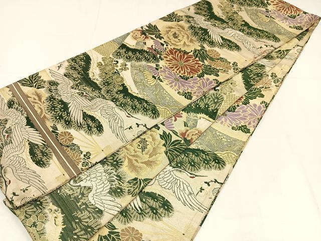 平和屋着物◎アンティーク 大正ロマン 丸帯 群鶴草花 飛鶴松文 引き抜き帯 正絹 逸品 AABM2765bw