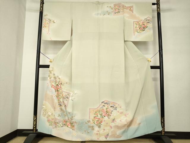 平和屋着物●訪問着 駒刺繍 流水花文 金彩 正絹 逸品 AABM2968ck
