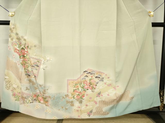 平和屋着物●訪問着 駒刺繍 流水花文 金彩 正絹 逸品 AABM2968ck