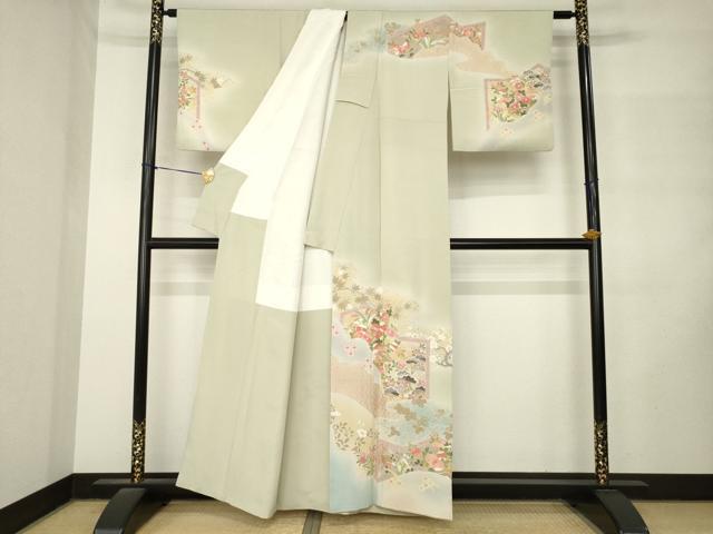 平和屋着物●訪問着 駒刺繍 流水花文 金彩 正絹 逸品 AABM2968ck