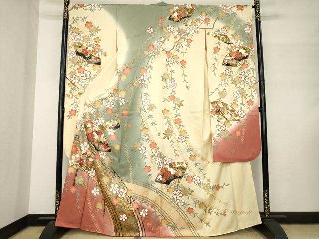 平和屋着物●豪華振袖 駒刺繍 扇面鴛鴦花文 暈し染め 金糸 正絹 逸品 AABM3010ck