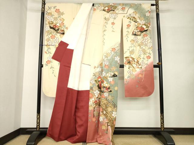 平和屋着物●豪華振袖 駒刺繍 扇面鴛鴦花文 暈し染め 金糸 正絹 逸品 AABM3010ck