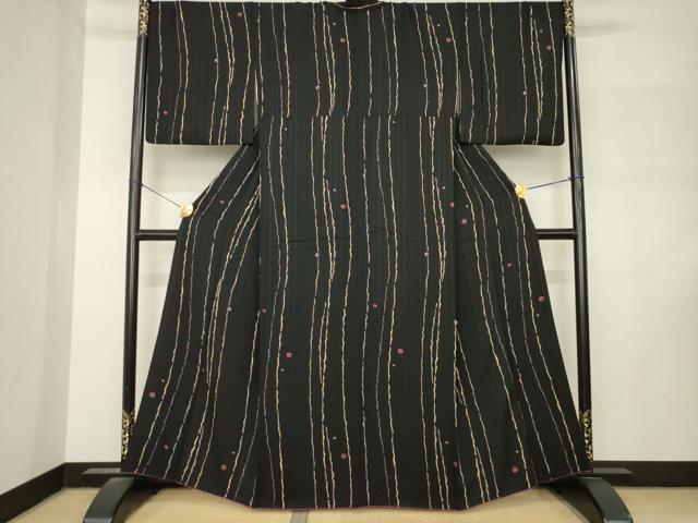 平和屋着物●上質な小紋 変わり縞 黒地 正絹 逸品 AABM3045ck