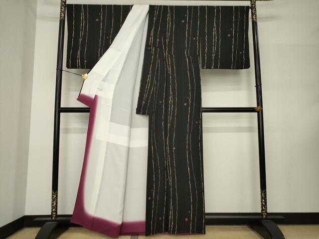 平和屋着物●上質な小紋 変わり縞 黒地 正絹 逸品 AABM3045ck