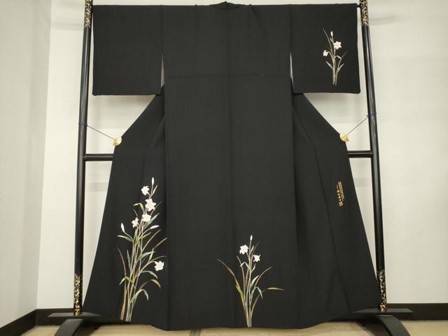 平和屋着物●史上初の女性友禅師 京都府伝統産業優秀技術者 京の名工 岡山武子 訪問着 ユリ 百合 黒地 さが美扱い 正絹 逸品 AABM3051ck