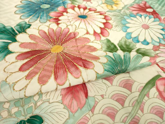 平和屋着物●豪華振袖 駒刺繍 草花文 金彩 正絹 逸品 AABM3080ck