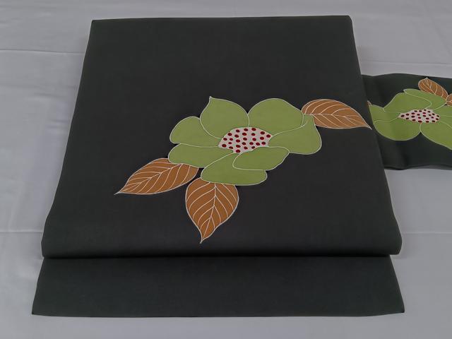 平和屋着物◎塩瀬 九寸名古屋帯 草花文 黒地 正絹 逸品 AABM3107dk