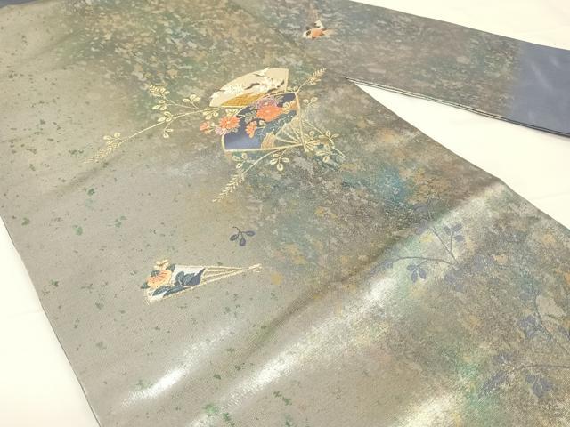 平和屋着物◎九寸名古屋帯 唐織 扇面花文 金糸 引箔 正絹 逸品 AABM3110dk