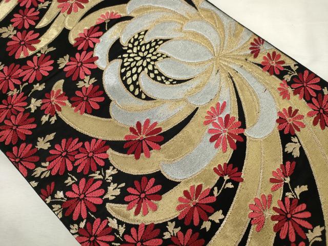 平和屋着物◎六通柄 本袋帯 唐織 乱菊 黒地 金銀糸 正絹 逸品 AABM3123od