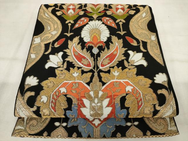 平和屋着物◎六通柄 本袋帯 唐織 草花文 黒地 金糸 正絹 逸品 AABM3158od
