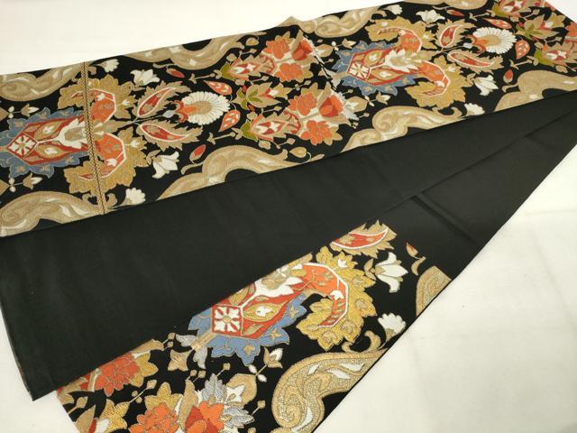 平和屋着物◎六通柄 本袋帯 唐織 草花文 黒地 金糸 正絹 逸品 AABM3158od