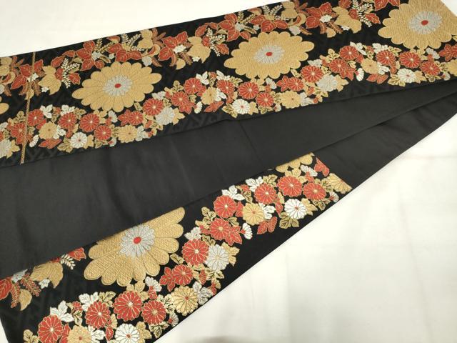 平和屋着物◎六通柄袋帯 唐織 草花文 黒地 金糸 正絹 逸品 AABM3169od