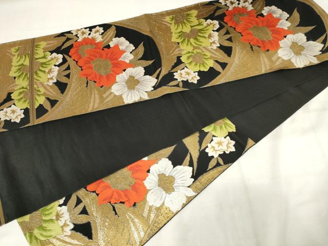 平和屋着物◎六通柄 本袋帯 唐織 草花文 黒地 金糸 正絹 逸品 AABM3191od