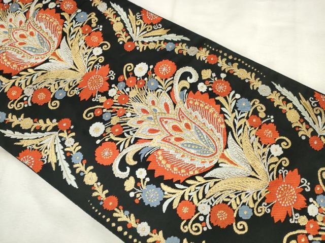 平和屋着物◎六通柄袋帯 唐織 更紗花文 黒地 金銀糸 正絹 逸品 AABM3197od