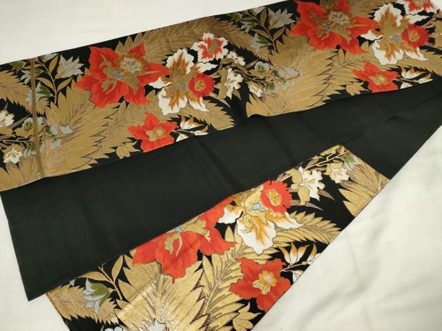 平和屋着物◎六通柄 本袋帯 唐織 草花文 黒地 金糸 AABM3207od