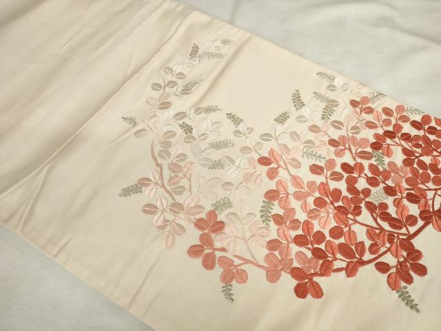 平和屋着物◎太鼓柄袋帯 総刺繍 枝葉文 銀糸 正絹 逸品 AABM3208od