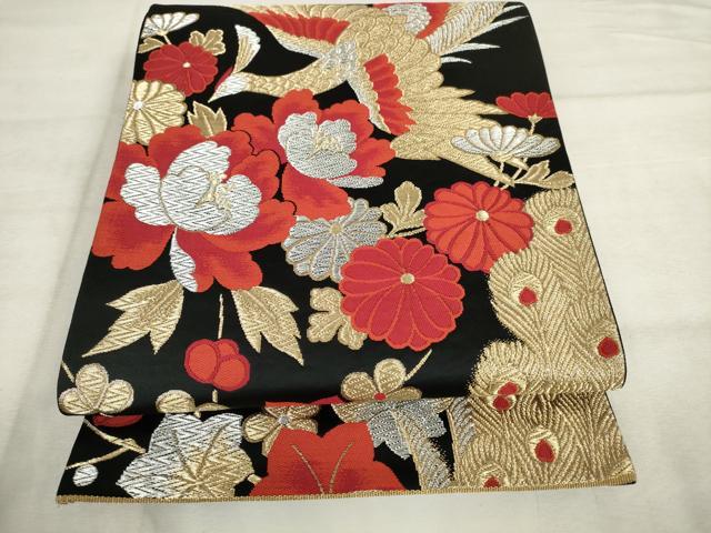 平和屋着物◎六通柄袋帯 唐織 鳳凰花文 黒地 金銀糸 正絹 逸品 AABM3226od