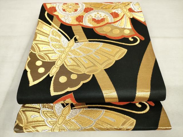 平和屋着物◎六通柄袋帯 唐織 舞蝶文 黒地 金銀糸 正絹 逸品 AABM3227od