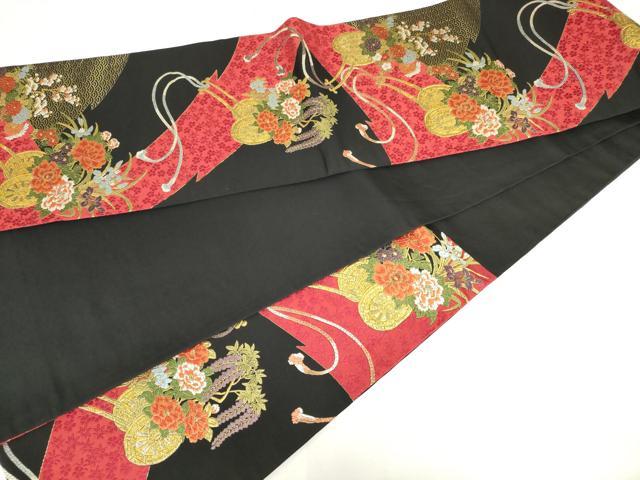 平和屋着物◎六通柄袋帯 唐織 花車文 黒地 金糸 正絹 逸品 AABM3235od