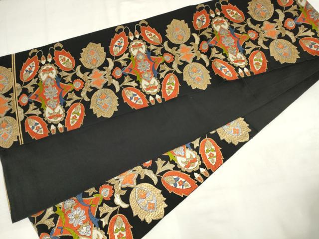 平和屋着物◎六通柄袋帯 唐織 更紗花文 黒地 金銀糸 正絹 逸品 AABM3237od