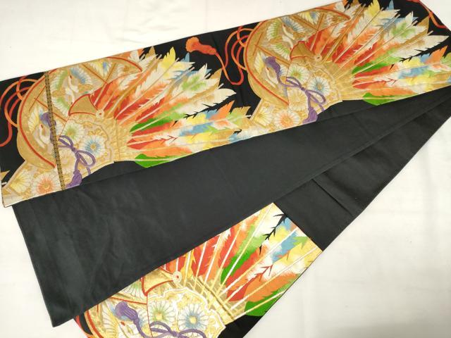 平和屋着物◎六通柄袋帯 唐織 双鶴花文 黒地 金銀糸 正絹 逸品 AABM3240od