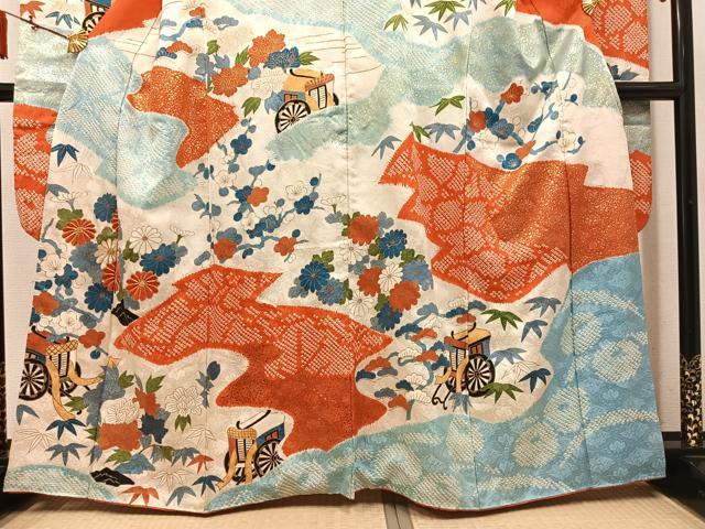 平和屋着物●豪華振袖 駒刺繍 絞り 御所車花文 金彩 正絹 逸品 AABM3243ph