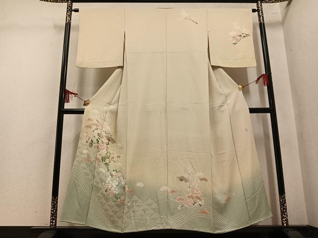 平和屋着物●十日町 名門 滝泰謹製 訪問着 絞り 刺繍 地紙草花文 暈し染め 金彩 正絹 逸品 AABM3297ph