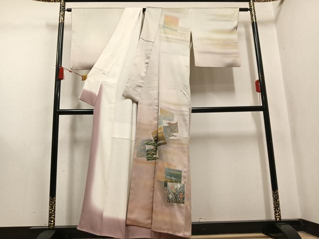 平和屋着物●人間国宝 福田喜三郎 訪問着 刺繍 色紙草花文 暈し染め 金彩 正絹 逸品 AABM3308ph