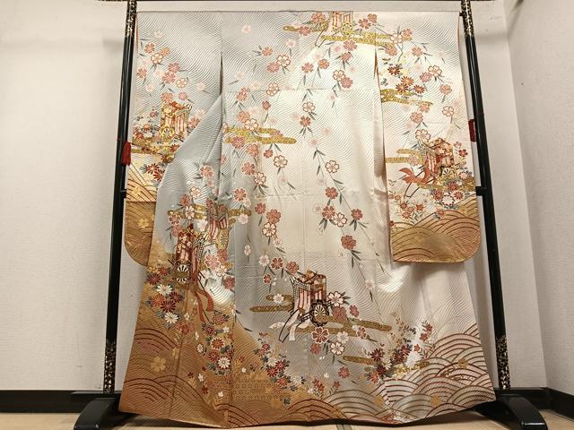平和屋着物●豪華振袖 駒刺繍 御所車花文 暈し染め 金彩 正絹 逸品 AABM3331ph