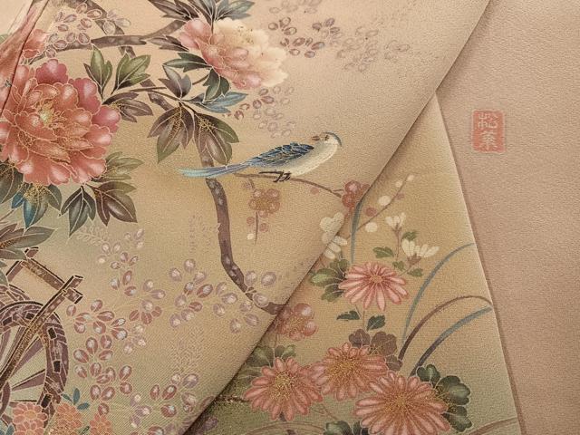 平和屋着物●訪問着 作家物 松葉 花鳥文 暈し染め 金彩 正絹 逸品 AABM3337ph