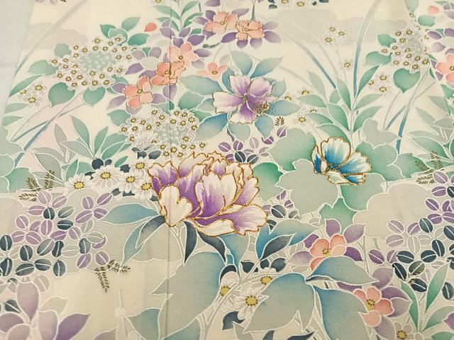 平和屋着物●豪華振袖 駒刺繍 草花文 金彩 正絹 逸品 AABM3373ph