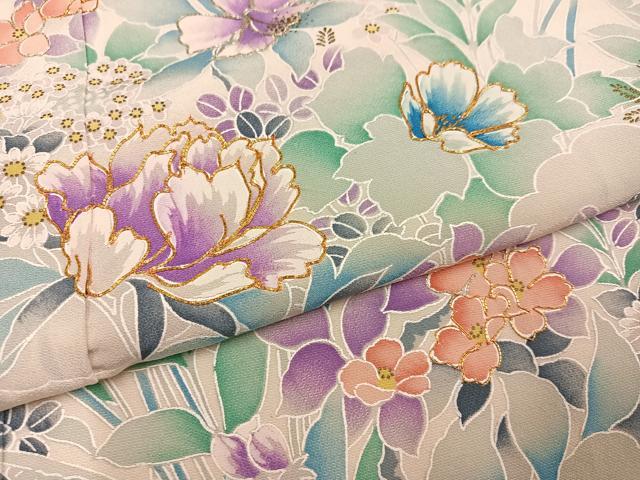 平和屋着物●豪華振袖 駒刺繍 草花文 金彩 正絹 逸品 AABM3373ph