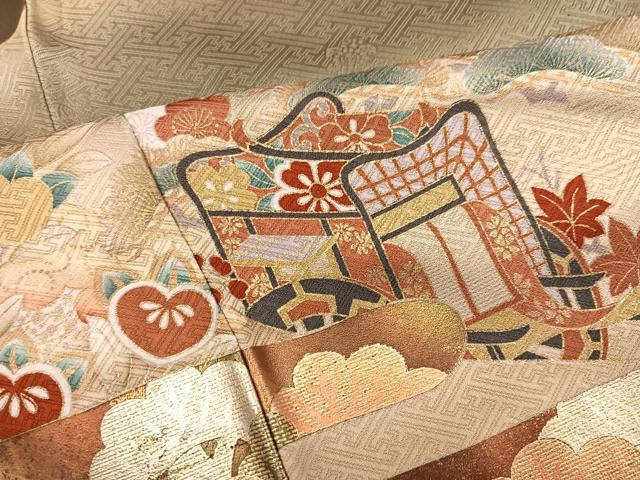 平和屋着物●豪華振袖 飛鶴御所車花文 暈し染め 金彩 正絹 逸品 AABM3387ph