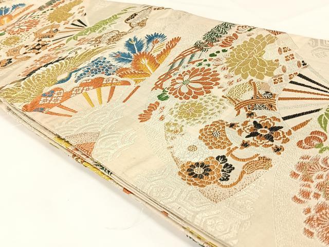 平和屋着物◎アンティーク 大正ロマン 丸帯 扇面飛鶴花文 金糸 正絹 逸品 AABM3431dk