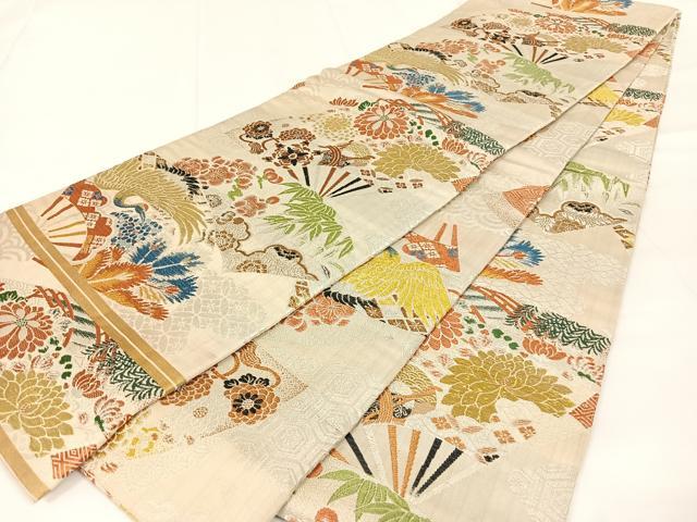平和屋着物◎アンティーク 大正ロマン 丸帯 扇面飛鶴花文 金糸 正絹 逸品 AABM3431dk