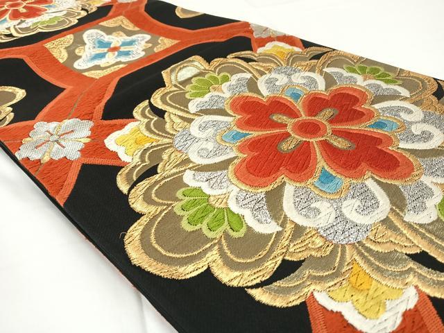 平和屋着物◎六通柄袋帯 唐織 蜀江花文 黒地 金銀糸 正絹 逸品 AABM3440dk