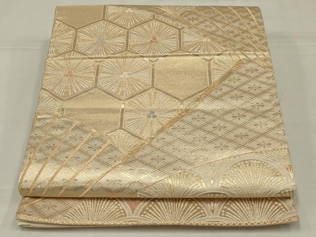 平和屋着物◎六通柄袋帯 扇面松文 光悦錦 金糸 正絹 逸品 AABM3459ou