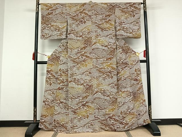 平和屋着物▽上質な小紋 単衣 型染め 風景花文 鬼しぼ縮緬 正絹 逸品 AABM3488jh